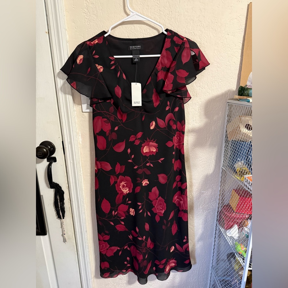 New York & Company Black Dress with Red Floral Design